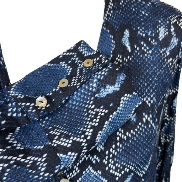 ZARA Dress Drop Waist Snakeskin Print Deep V-neck Button Blue Size Small - Picture 4 of 10